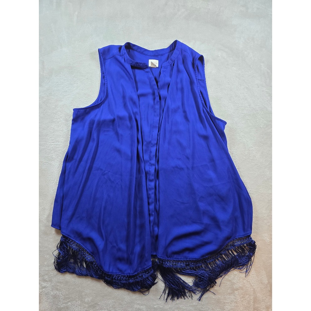 Chicos Top Shirt Blouse Womens Size 3 Blue Fringe Sleeveless Button Down